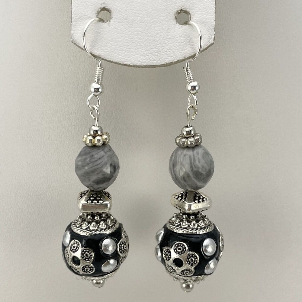 Picasso Jasper Stone Metal Beaded Silver Plated Dangle Earrings Artisan New